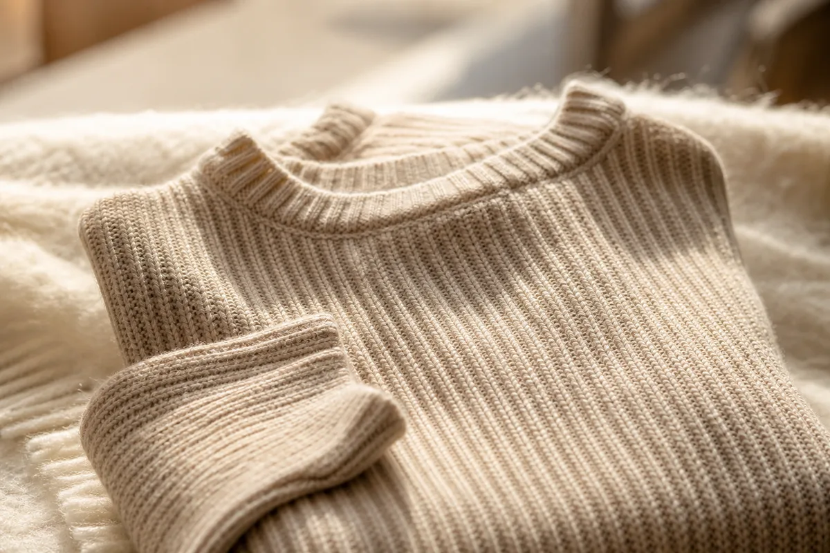 Pull en maille plié à plat sur une couverture de laine claire