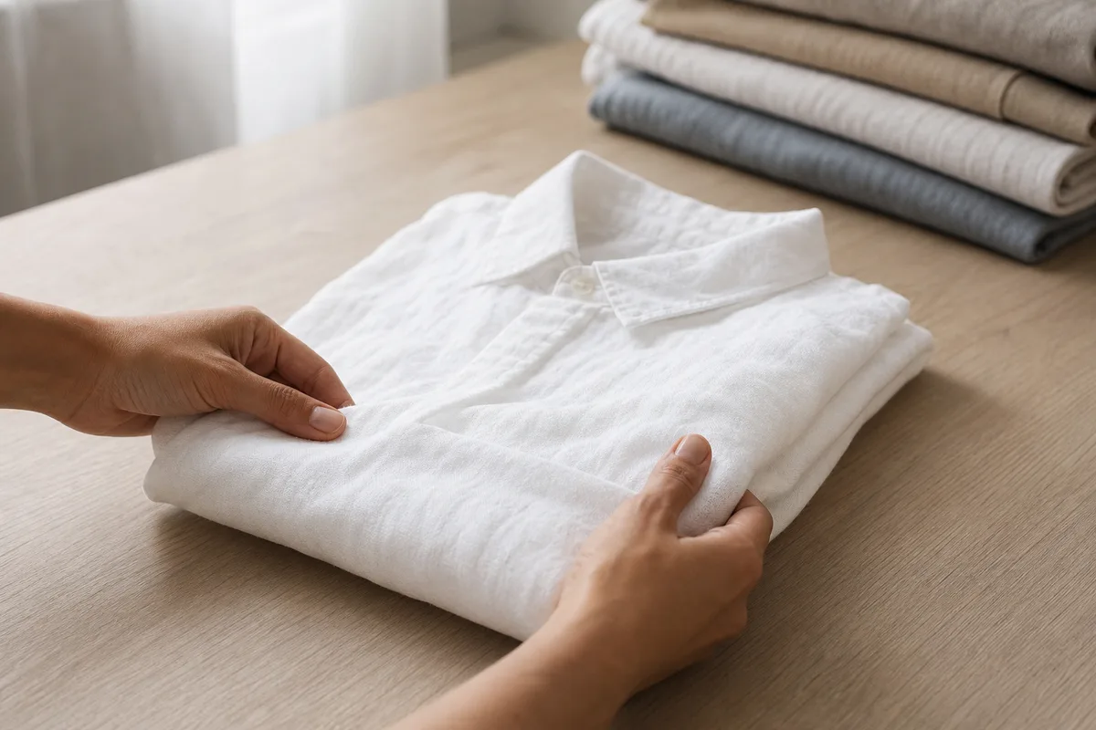 Mains pliant une chemise en lin sur une table en bois clair