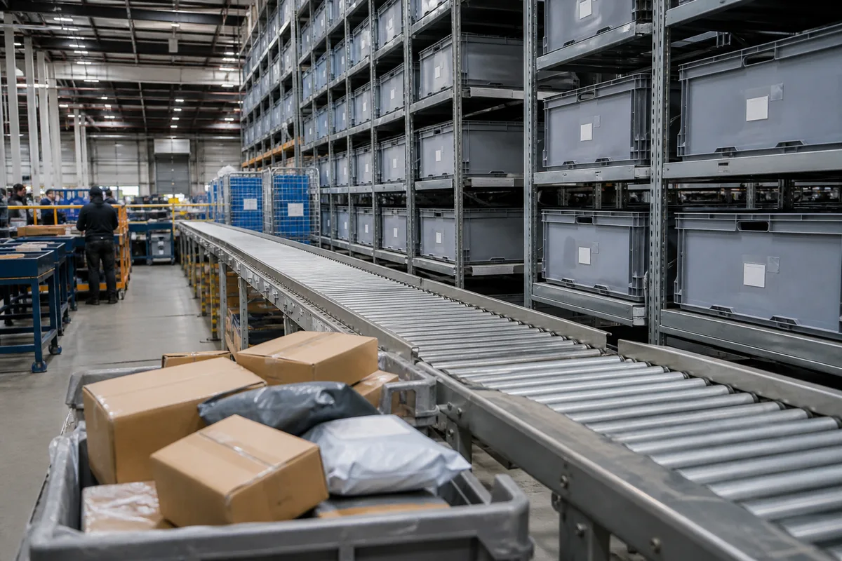 Zone de tri des retours dans un entrepôt logistique avec bacs et convoyeur