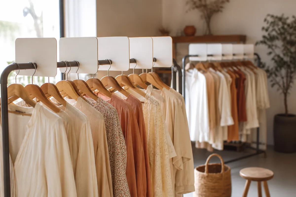 Portants de vêtements féminins triés par taille dans une réserve de boutique